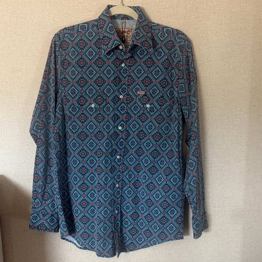 Rafter C ProFlex 45 Men Western Pearl Snap Shirt M Blue Aztec NWT Rodeo Cowboy